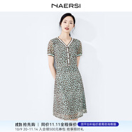 娜爾思（NAERSI）時尚豹紋印花v領(lǐng)顯瘦收腰連衣裙新款通勤裙 灰孔雀藍色 XL 42