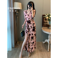 歌芭杉（GEBASHAN）品牌女裝高級(jí)感顯瘦粉色連衣裙復(fù)古優(yōu)雅氣質(zhì)V領(lǐng)一片式印花裹身裙 粉色玫瑰 L