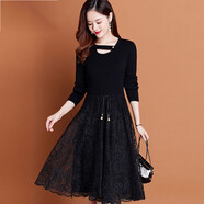 依伊純高端秋冬時(shí)尚連衣裙針織拼接蕾絲A字裙鏤空氣質(zhì)顯瘦假兩件毛衣裙 黑色 2XL