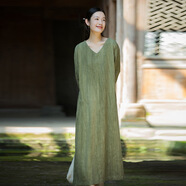 2025春夏苧麻棉新款扎染原創(chuàng  )新中式長(cháng)裙居家旅游文藝范女式連衣裙 潭水綠（扎染長(cháng)袖 均碼