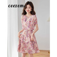ceezemc香港潮牌雪紡連衣裙女 2025夏季新款休閑收腰顯瘦度假碎花百褶裙 碎花裙 L
