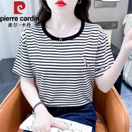 皮爾卡丹（pierre cardin）棉時尚條紋短袖t恤女夏季新款寬松休閑刺繡百搭圓領(lǐng)體恤上衣 8023#黑白條紋 S 適合80-99斤