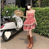 溥畔度假風驚艷絕美連衣裙夏新款蕾絲邊格子吊帶裙高腰顯白蛋糕裙 TY302紅色 S