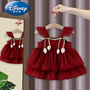 迪士尼（Disney）女寶寶一周歲生日禮服夏季抓周宴女?huà)雰哼B衣裙女童公主裙紅裙夏天 酒紅郁金香花朵裙 90 cm