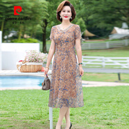 皮爾卡丹（pierre cardin）中年媽媽夏裝連衣裙2025新款高貴中老年女裝雪紡洋氣 卡其色 5XL (建議150-165斤)