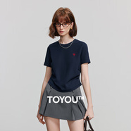 初語(yǔ)愛(ài)心刺繡2025夏季圓領(lǐng)收腰短款T恤女清爽透氣短袖上衣 藏青色  S 