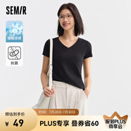 森馬（Semir）[涼感T]短袖T恤女修身V領(lǐng)正肩簡約24抗菌夏裝純色 黑色90001-V領(lǐng) S