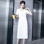 潮思匯2025新款v領(lǐng)休閑連衣裙女夏季短袖氣質(zhì)黑色純色棉質(zhì)直筒過膝t恤裙 白色 V領(lǐng)款 S 85-100斤