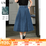 lagogo通勤百搭褶皺半身裙女拉谷谷夏季新款休閑牛仔裙中長(zhǎng)款裙子 深牛仔藍(lán)(N2) M