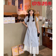 貝仙祺2025夏季新款女裝套裝藍色條紋短袖襯衫連衣裙女韓系寬松 兩件套裝 卡碼拍小 M 建議100-120斤