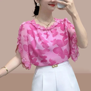 Radinka2025夏新款洋氣顯瘦碎花雪紡衫韓版燈籠袖女綁帶寬松透氣上衣DLE 氣質(zhì)時(shí)尚荷葉邊 蝴蝶花 2XL