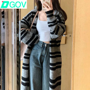 DGOV秋季新款寬松設計感復古條紋長款針織毛衣外套女保暖開衫上衣女 單色 S 建議90-100斤