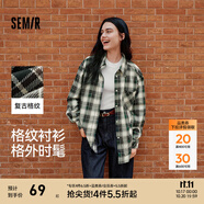 森馬（Semir）長袖襯衫女中長款慵懶寬松落肩休閑秋季chic復(fù)古格紋襯衣潮流 綠黑色調(diào)00449 M