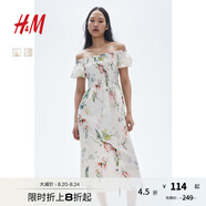H&M女裝花卉連衣裙秋季花朵泡泡一字肩短袖植物印花長(cháng)裙1230970 白色/花卉 XS 155/80