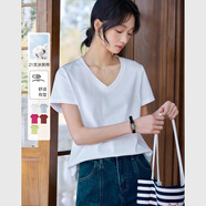 梵希蔓多巴胺純色正肩短袖T恤女2025夏季新款休閑百搭V領(lǐng)寬松上衣 A0811 云朵白 L