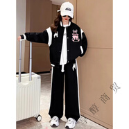 霖貝熊女孩子衣服9-12歲秋裝套裝13到15歲青少年女孩裝初高中女生棒球服 黑色小兔  外套+褲子 150 建議65-80斤