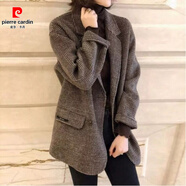 皮爾卡丹大碼女2025春秋高級感格紋西裝毛呢外套胖mm加厚夾棉中長(cháng)呢子大衣 咖啡色（版）（2025新款/秋季/秋裝/早秋/ XL  (建議120-140斤)