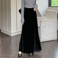 秋冬絲絨包臀裙女2024新款休閑黑色高腰長(cháng)裙天鵝絨垂感a字半身裙 黑色A021常規款單件半身裙 L L建議110-120斤