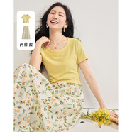 熙世界（sllsky）夏日出游穿搭套裝2025新款女短袖V領(lǐng)T恤碎花半身裙兩件套 鵝黃色 XL