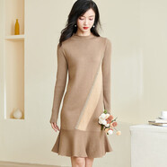 米思陽（missshine）2024冬季新款氣質(zhì)百搭長袖荷葉邊裙子半高領(lǐng)針織連衣裙3297 卡其色 S