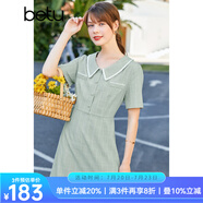 betu百圖女裝連衣裙小香風(fēng)格紋翻領(lǐng)裙子夏中長(zhǎng)款連衣裙女2204T77 豆綠色 S