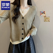 羅蒙（ROMON）開衫針織衫女春秋新款拼接假兩件長(zhǎng)袖小眾寬松顯瘦休閑洋氣上衣女 卡其色 M