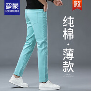 羅蒙2025夏季男直筒牛仔褲純棉薄款綠色修身歐洲站高級感男裝 天空蘭 38
