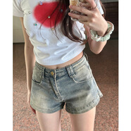 美式復古闊腿牛仔短褲女夏季款設計感高腰寬松顯瘦小個子a字熱褲 藍色 M