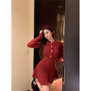 溥畔辣妹性感黑色修身長(cháng)袖內搭打底針織連衣裙女秋冬小個(gè)子百褶裙 紅色*J388 均碼