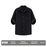 聰明陳S123 【浮雕萬(wàn)針】新中式刺繡花翻領(lǐng)襯衫休閑寬松男女情侶七分袖 夜幕黑 XL