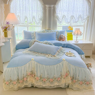 YOLANNA法式公主風(fēng)花邊牛奶絨四件套床裙式床蓋款珊瑚絨冬季加厚被套 歐若拉-夢(mèng)幻藍 床裙款 【】1.5床四件套-被套200x230