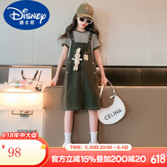 迪士尼（Disney）女童背帶裙夏季套裝2024新款兒童夏裝洋氣連衣裙大童短袖公主裙子 橄欖綠 170