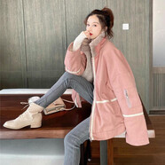 俞兆林（YUZHAOLIN）休閑工裝服女短款冬2025新款韓版寬松顯瘦加絨羊羔毛衣ins潮外套 粉色 M 100-115斤左右