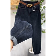 木清清2025年新款秋冬藍色高腰彈力哈倫褲女大碼胖mm休閑牛仔顯瘦蘿卜褲 藍灰色 S 【 80-100斤】