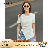 AMII夏新款短袖T恤女正肩設(shè)計(jì)感不規(guī)則褶皺開叉莫代爾上衣 米白 165/88A/L