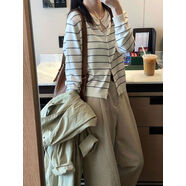 藏青色條紋miu系針織開(kāi)衫女秋冬老錢(qián)風(fēng)穿搭寬松短款毛衣外套上衣 杏色條紋miu系miumiu今年流行漂亮上衣上衣輕 S S