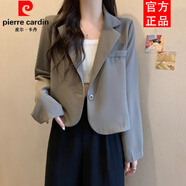 皮爾卡丹（pierre cardin）秋季時(shí)尚翻領(lǐng)長袖西裝小外套女大碼胖妹妹百搭氣質(zhì)顯瘦短款上衣薄 灰咖色 S (80-90斤)【小眾時(shí)髦時(shí)尚】