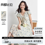 尚都比拉V領(lǐng)拼接蕾絲花邊系綁帶連衣裙女夏季收腰顯瘦短袖雪紡碎花A字裙