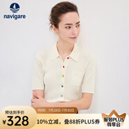 Navigare意大利小帆船短袖針織衫女士夏季舒適修身小外套中袖開衫短款T恤 椰奶白 M 碼