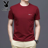 花花公子（PLAYBOY）男士T恤男短袖夏季黑色中年男裝圓領(lǐng)半袖上衣體恤衫 酒紅 7018 M 適合100-120斤穿