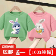 2025女童夏季純棉短袖t恤可愛小兔女孩中小童打底薄款兩件裝-SL 168#綠T+147#粉T 120 (建議40-50斤)