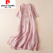 皮爾卡丹（pierre cardin）復(fù)古盤扣苧麻刺繡雙層連衣裙夏大碼女裝圓領(lǐng)半袖下擺開叉亞麻裙子 粉紅色 M 【95-110斤】