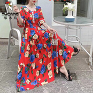 啄木鳥(niǎo)民族風(fēng)棉綢連衣裙女夏裝新款v領(lǐng)仙女碎花裙舒適花邊喇叭袖大擺裙 紅底大藍花 M 90-105斤