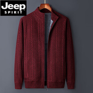 JEEP SPIRIT加絨毛衣外套男加厚秋冬季保暖立領(lǐng)針織衫拉鏈開衫寬松百搭毛線衣 花紅色 M