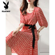 花花公子（PLAYBOY）新款2025夏季時尚氣質(zhì)收腰氣質(zhì)顯瘦新款印花裙子連衣裙女夏款 紅色 S