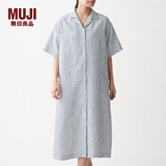 無印良品 MUJI 女式 法國亞麻水洗 五分袖開襟連衣裙 BCL08C0S 米白色X條紋 M-L
