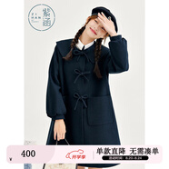紫涵小A型方領(lǐng)毛呢大衣女冬季學(xué)院風(fēng)門(mén)襟手打蝴蝶結外套 黑藏青 M