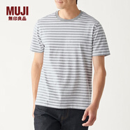 無印良品 MUJI 男式 印度棉天竺編織 條紋短袖T恤 灰色X橫條 L