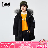 Lee大毛領(lǐng)連帽厚款保暖防風(fēng)羽絨服兒童冬季保暖中長款潮男童女童外套 黑色 165