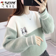 啄木鳥少女羊毛衫初中生羊毛衣女新款毛衣初中學生大童仿水貂絨圓領毛衣 綠色 M 96-105斤